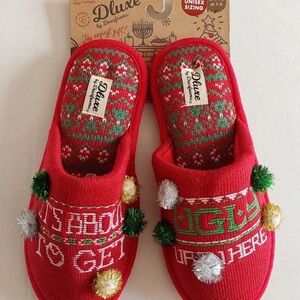 Dearfoams Red Festive Slippers with Pom Poms